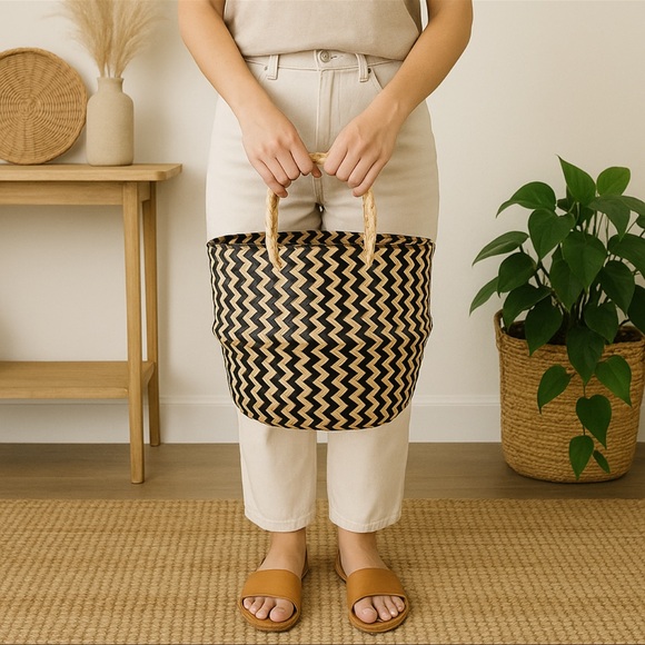 Other - Handwoven Black & Natural Zigzag Basket Tote – 12”x 32.5”w/ 11” Handles